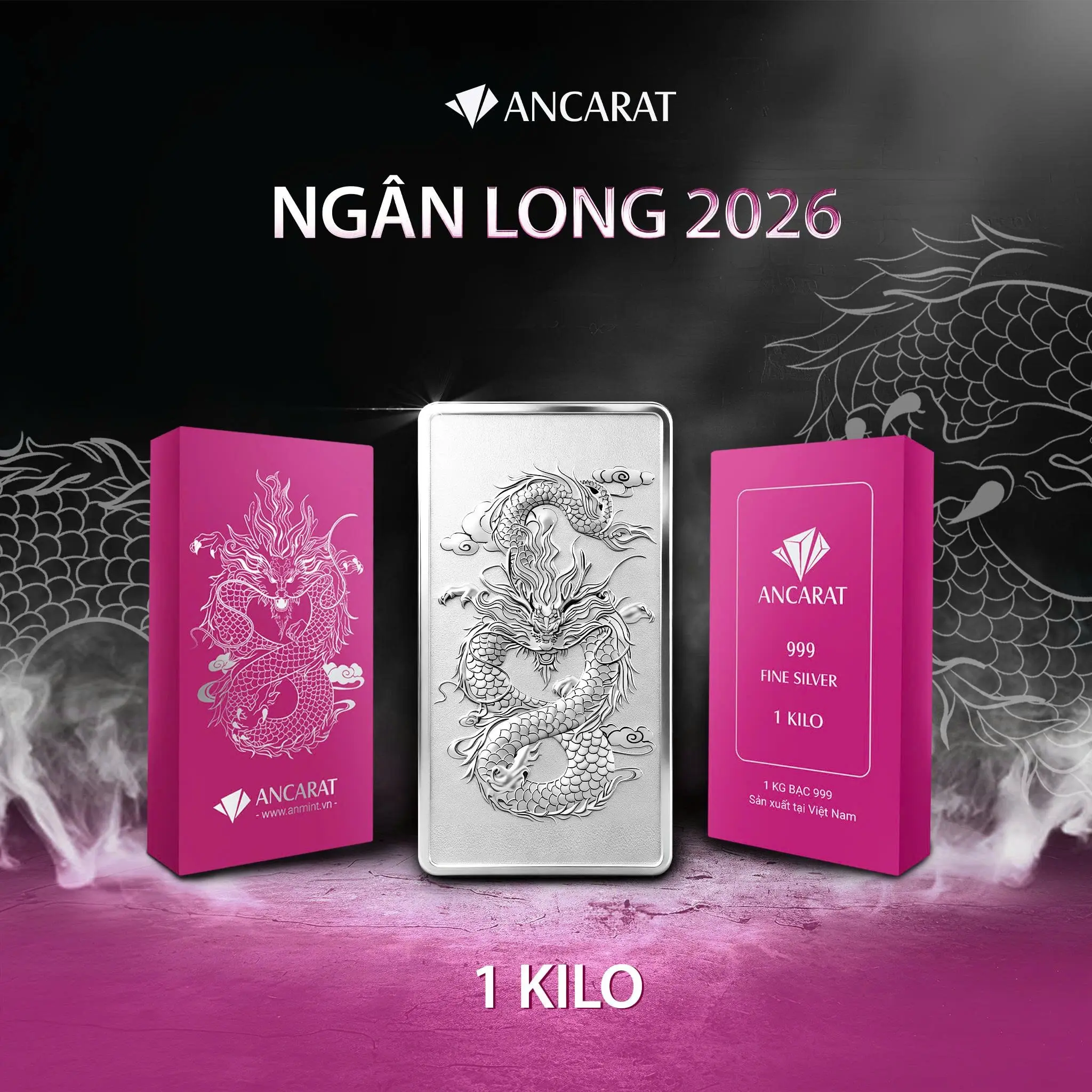 Bộ Ngân Long Quảng Tiến 1kg sang trọng, đại diện ưu tú của dòng bạc miếng Ancarat tích sản 2026.