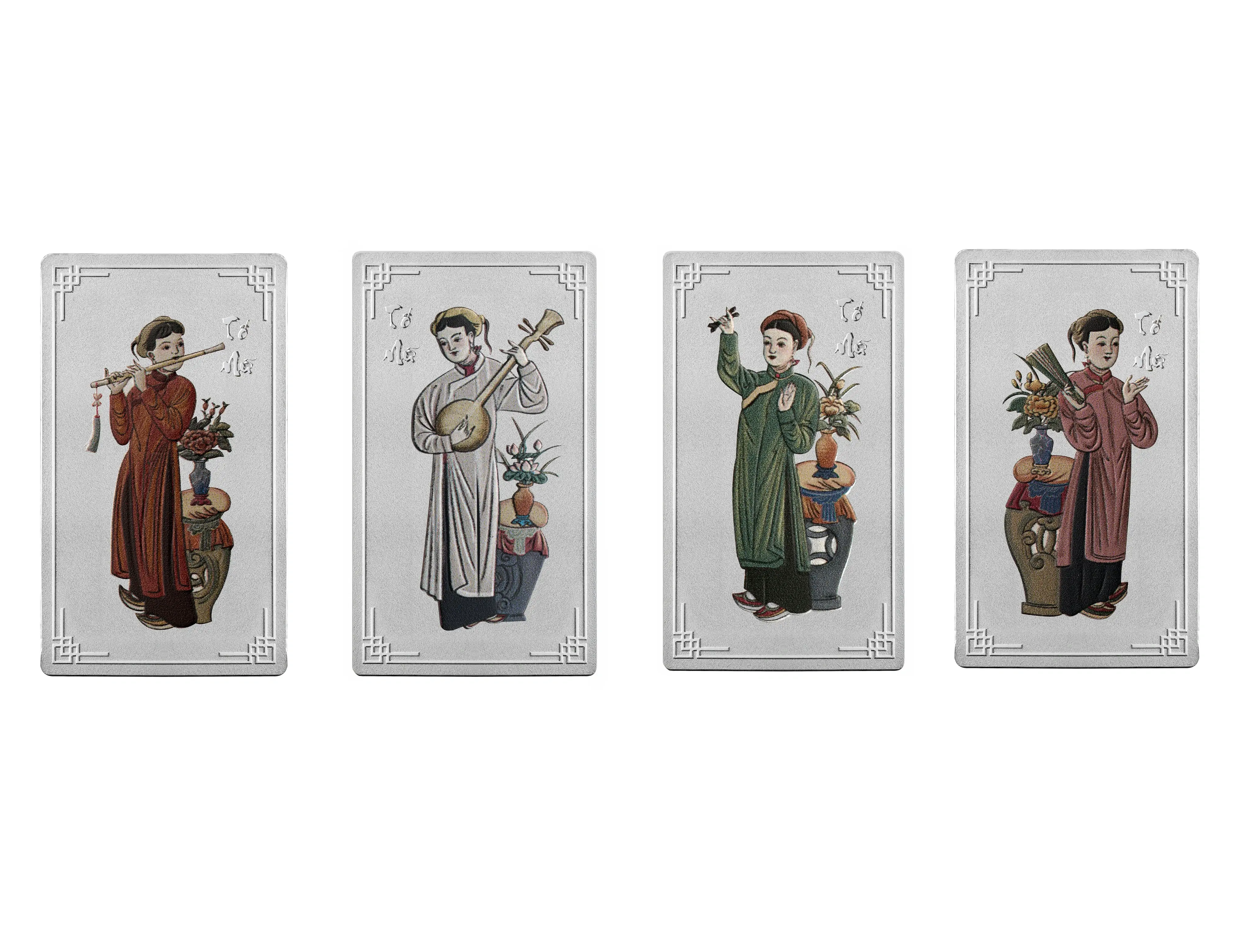 Cận cảnh 4 nhạc cụ Sáo, Tỳ Bà, Nguyệt, Sênh Tiền trên thỏi bạc, tượng trưng cho bản hòa tấu của niềm vui và sự viên mãn.