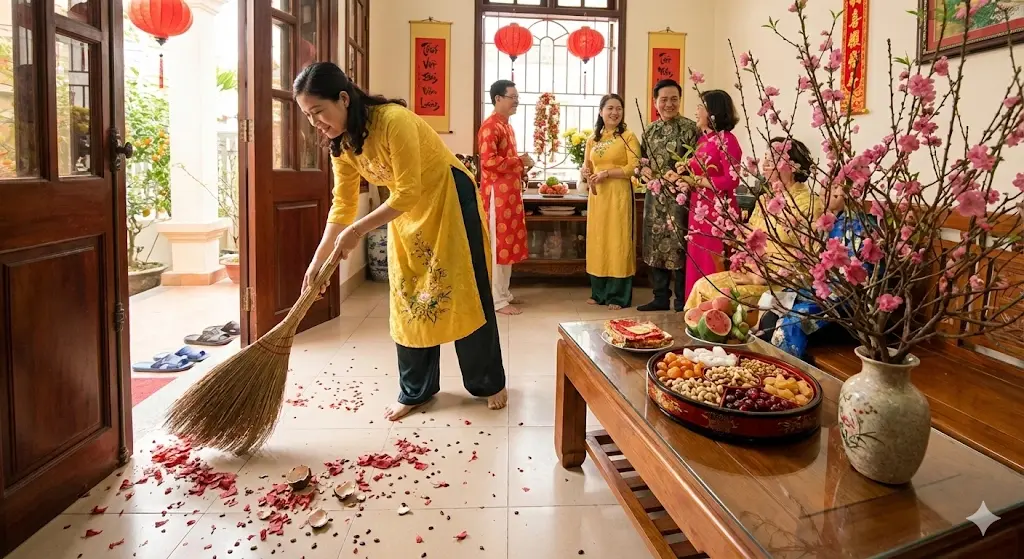 Chỉ nên quét vun rác vào góc nhà để giữ lộc, không được hót đổ đi.