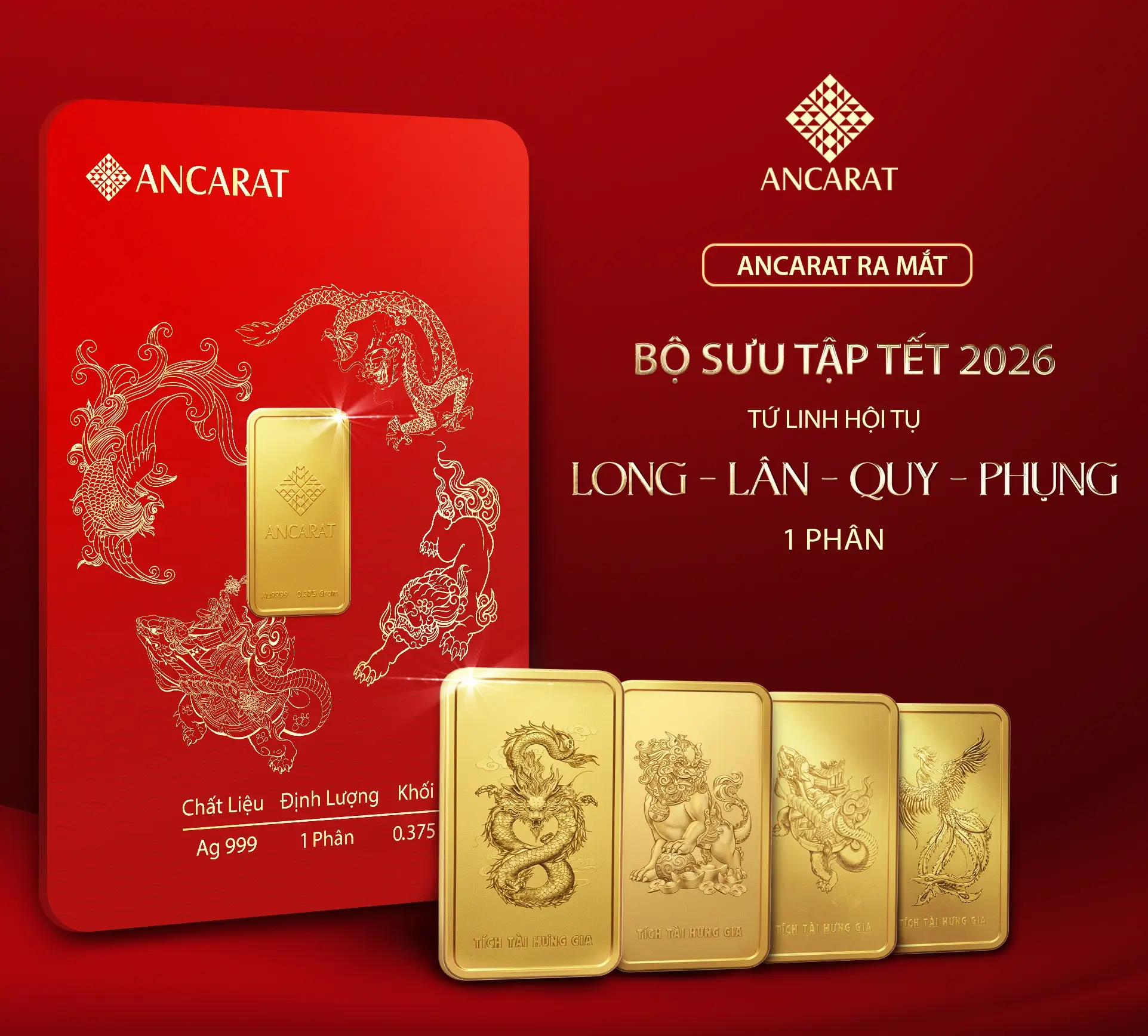 BST Tứ Linh Hội Tụ của Ancarat với trọng lượng vàng 0.1 chỉ, giải pháp tích lũy vàng thông minh dịp Tết. BST Tứ Linh Hội Tụ của Ancarat với trọng lượng vàng 0.1 chỉ, giải pháp tích lũy vàng thông minh dịp Tết.
