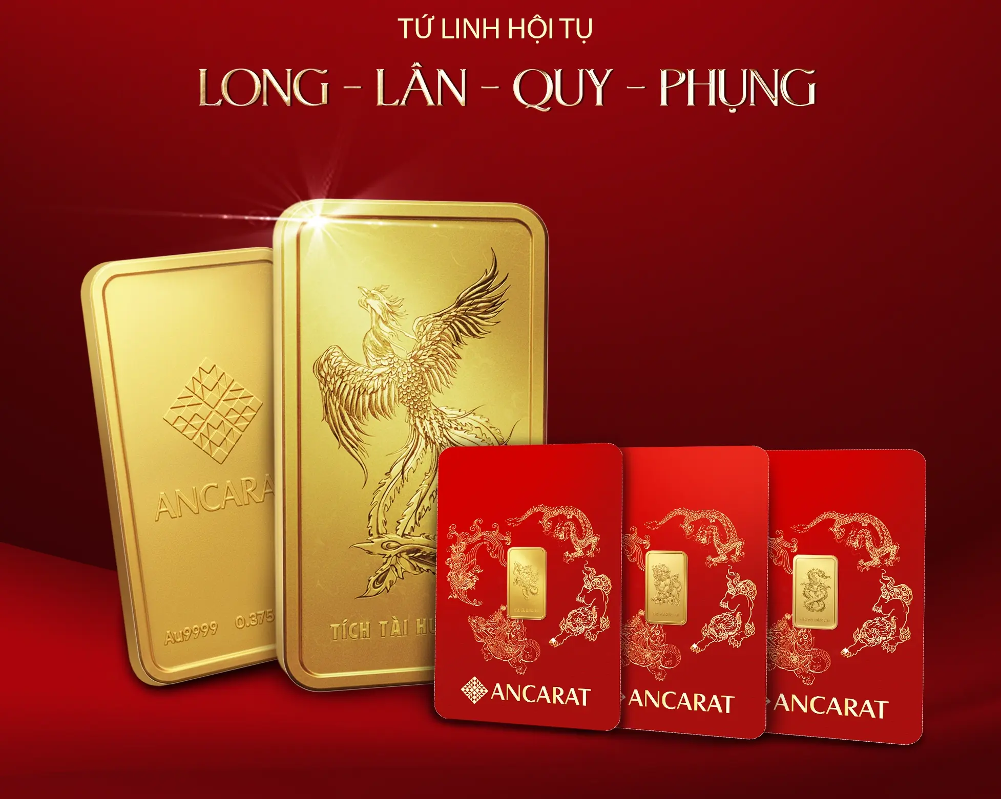Vàng miếng 1 phân thuộc BST Tứ Linh (Long - Lân - Quy - Phụng) của Ancarat được ép vỉ sang trọng, khắc phục nhược điểm của vàng nhỏ lẻ truyền thống.