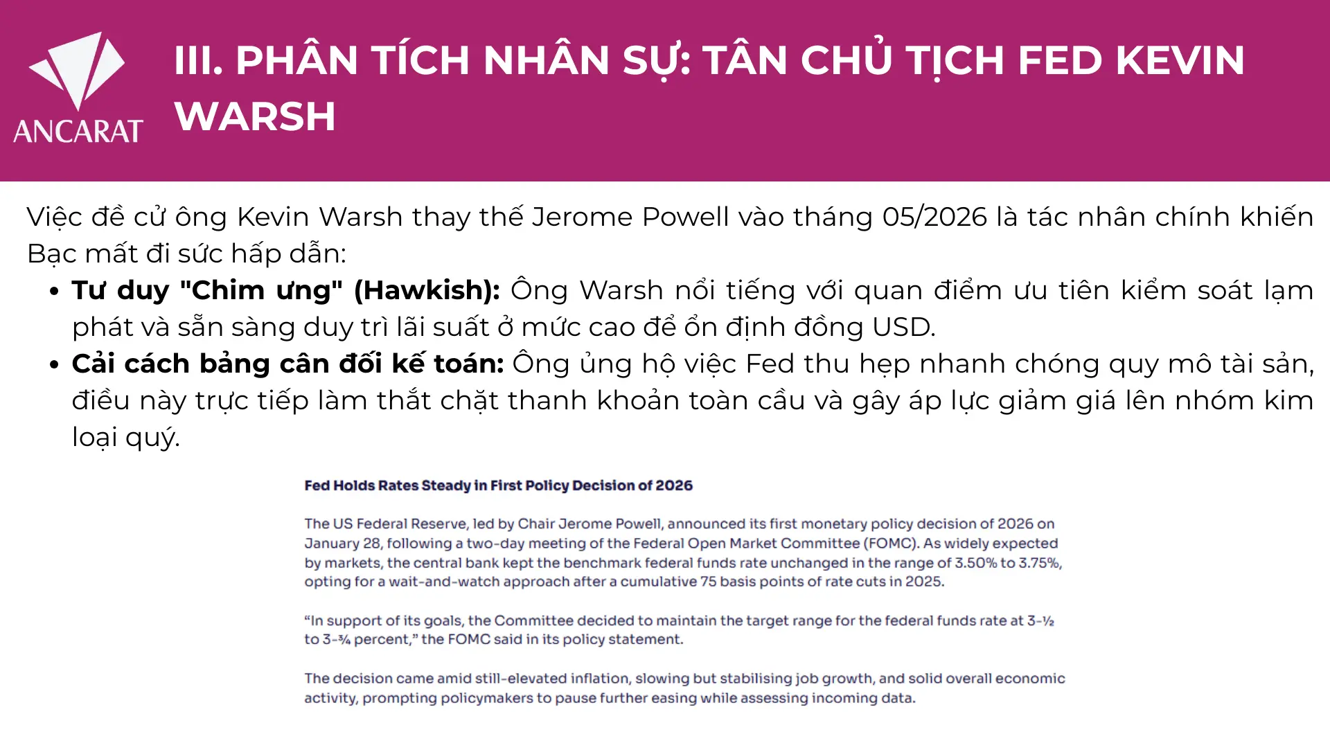 "Hiệu ứng Kevin Warsh": Việc đề cử tân Chủ tịch Fed có quan điểm "diều hâu" đã kích hoạt đợt bán tháo trên thị trường bạc toàn cầu do lo ngại chính sách tiền tệ thắt chặt. "Hiệu ứng Kevin Warsh": Việc đề cử tân Chủ tịch Fed có quan điểm "diều hâu" đã kích hoạt đợt bán tháo trên thị trường bạc toàn cầu do lo ngại chính sách tiền tệ thắt chặt.