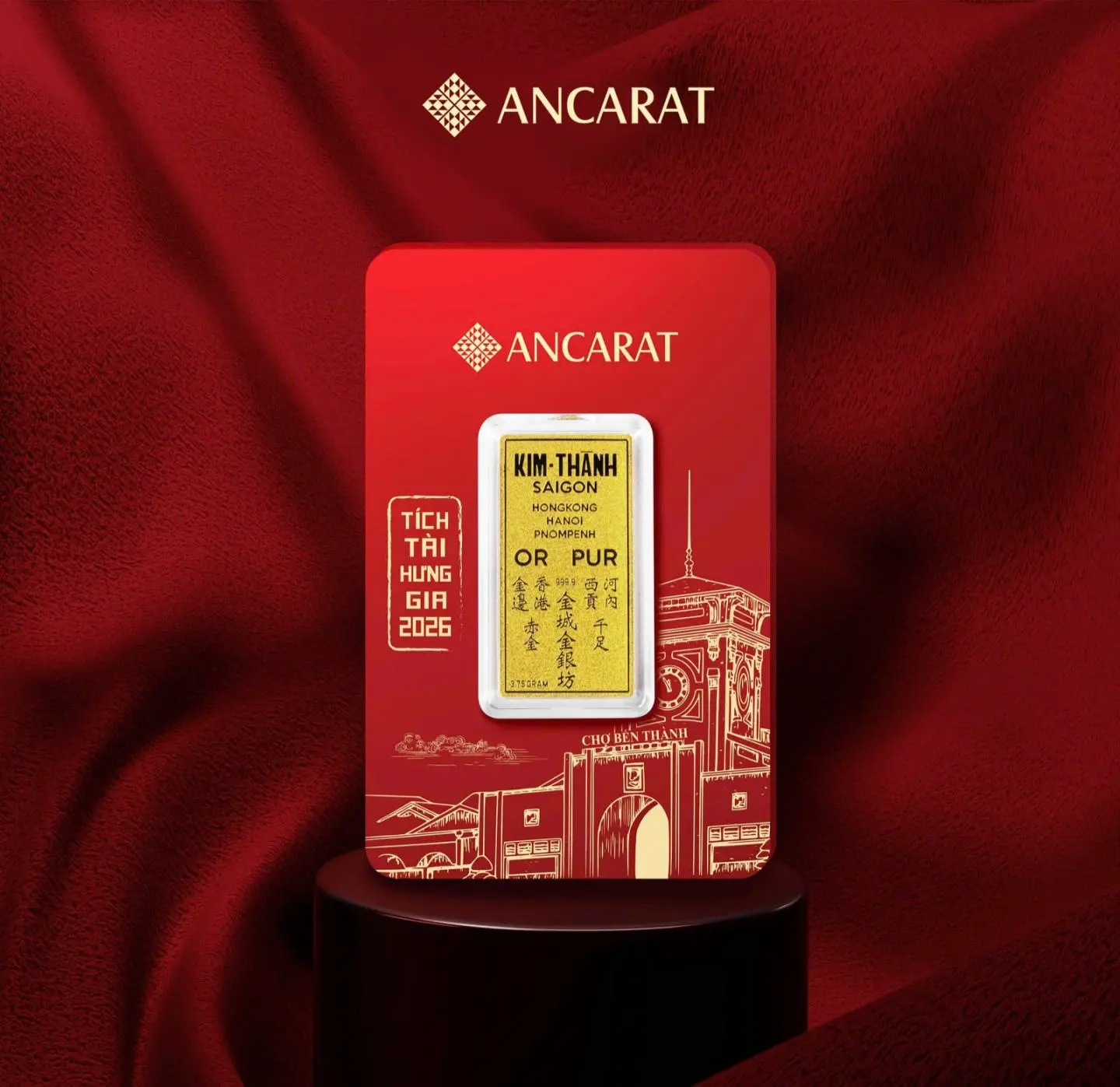 Cận cảnh Vàng Nam Kim Thành 1 chỉ do Ancarat chế tác. Từng ký tự "OR PUR" (vàng ròng) và các địa danh lịch sử khắc họa sắc nét, tái hiện nguyên vẹn tinh hoa của vàng lá Kim Thành nổi tiếng Đông Dương một thời.