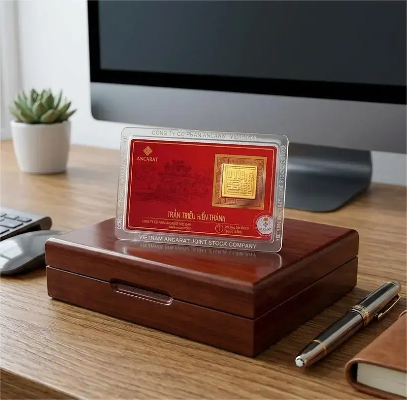 Với thiết kế vỉ ép 24k tinh gọn, Kim Ấn Trần Triều của Ancarat dễ dàng đồng hành cùng sếp trong ví tiền hoặc sổ tay làm việc.