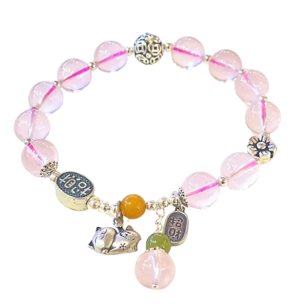 Vòng tay bạc mèo chiêu tài mix đá thạch anh hồng