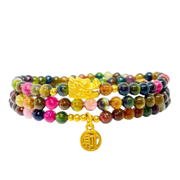 Vòng Đá Tourmaline 4mm phối Charm Đầu Rồng mix Mặt dây Chữ Phúc