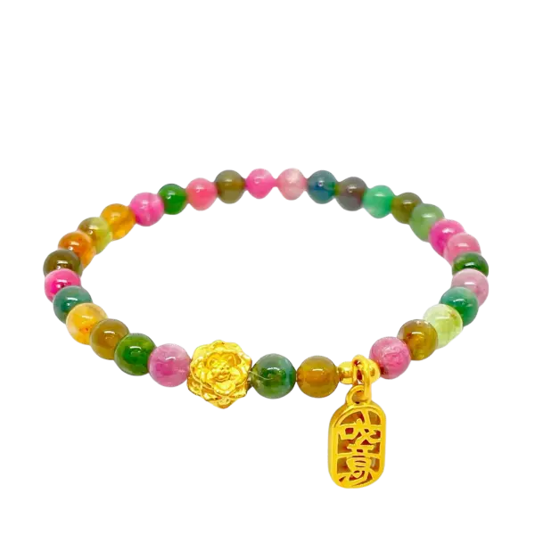 Vòng Đá Tourmaline phối Charm Vàng Hoa sen mix Mặt dây Như ý cát tường