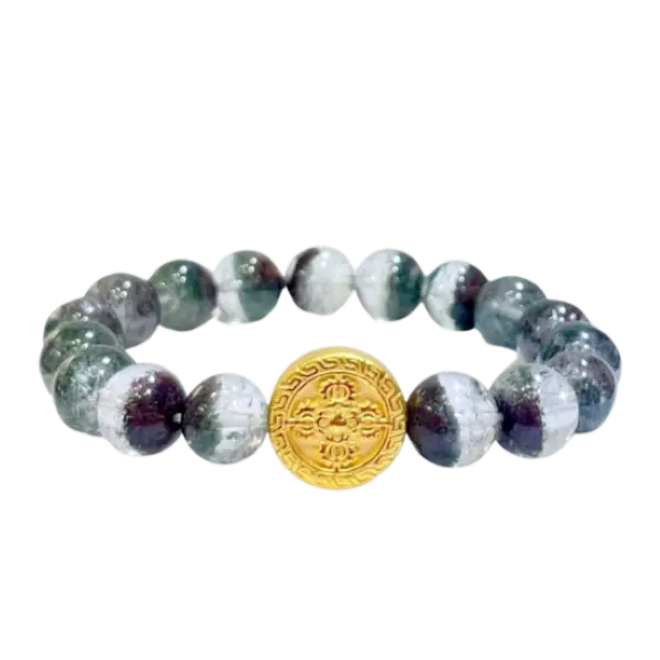 Vòng đá ưu linh xanh 11mm phối Charm Vàng 24K Mạn Đà La