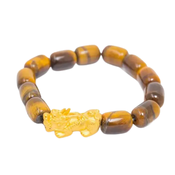 Vòng tay đá mắt hổ 3A vàng sậm trụ mix vàng 24k tỳ hưu – May mắn – Tài lộc