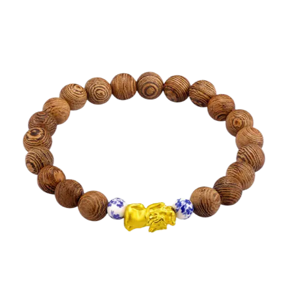 Vòng Gỗ thiên nhiên phối Charm vàng 24K Tỳ hưu Thiên Lộc