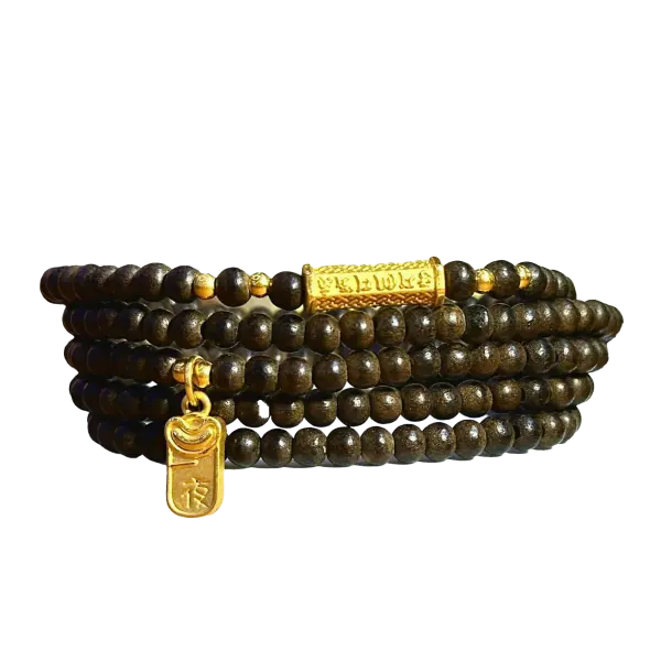 Vòng gỗ trầm hương đen phối Charm Trụ Chú Bình An mix Mặt dây Phát tài 1 đêm