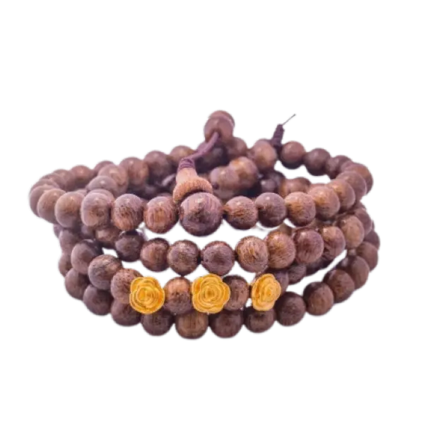 Vòng trầm tốc vườn 108 hạt mix vàng 24k charm hoa hồng