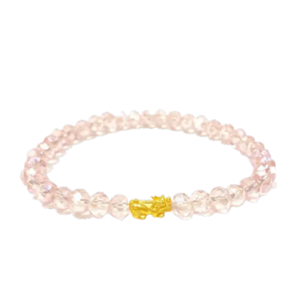 Vòng đá Pha lê Hồng mix Charm Vàng 24K Tỳ hưu tài lộc Size XS