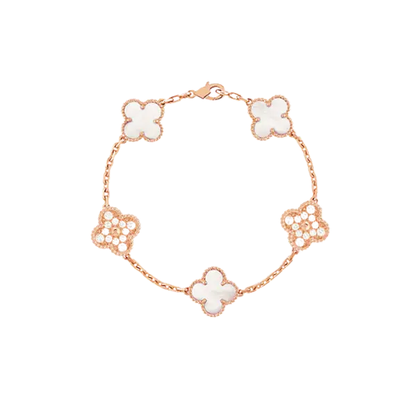 Lắc tay Vàng 18K Golden Leaf 5 hoa 15mm đính đá – Trắng