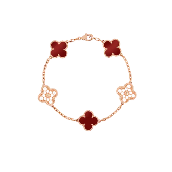 Lắc tay Vàng 18K Golden Leaf 5 hoa 15mm đính đá – Bản dày – Đỏ