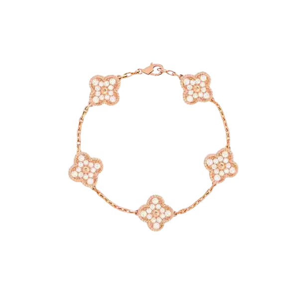 Lắc tay Vàng 18K Golden Leaf 5 hoa 15mm full đá – Vàng hồng