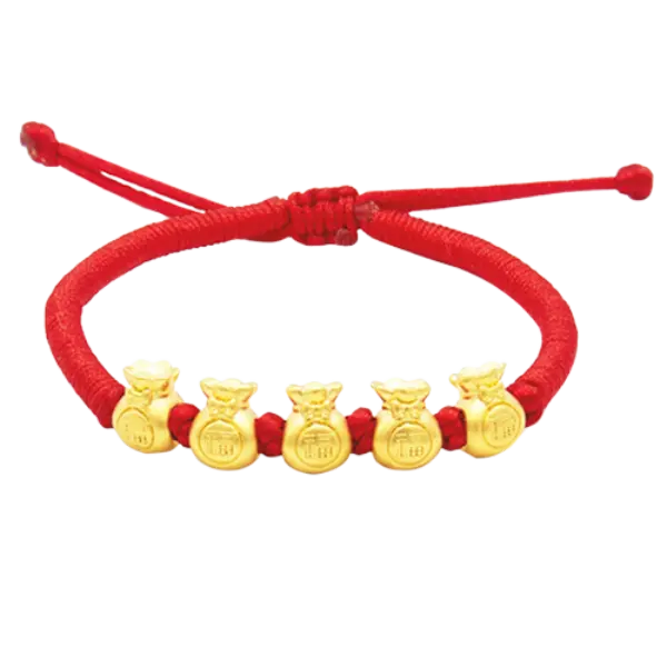 Vòng tay phối 5 charm vàng 24k Túi tiền chữ phúc – Tiền tài – May mắn