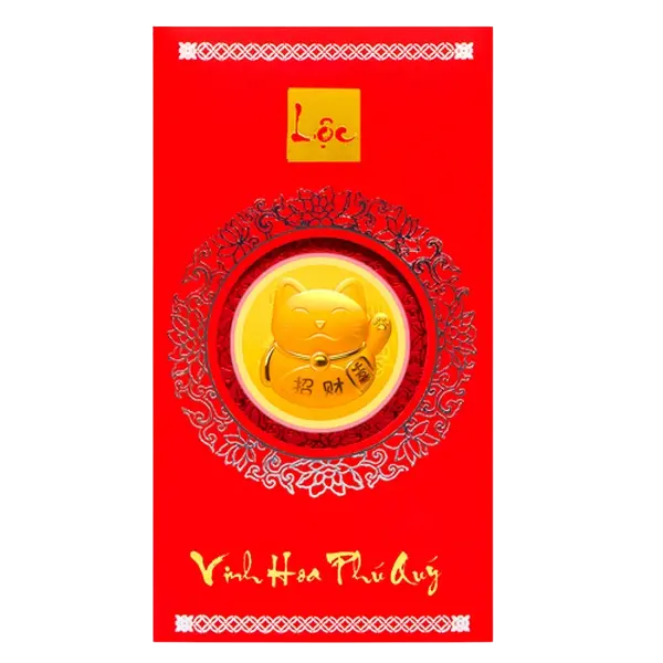 Bao Lì Xì Vàng 24K Mèo Chiêu Tài .9999