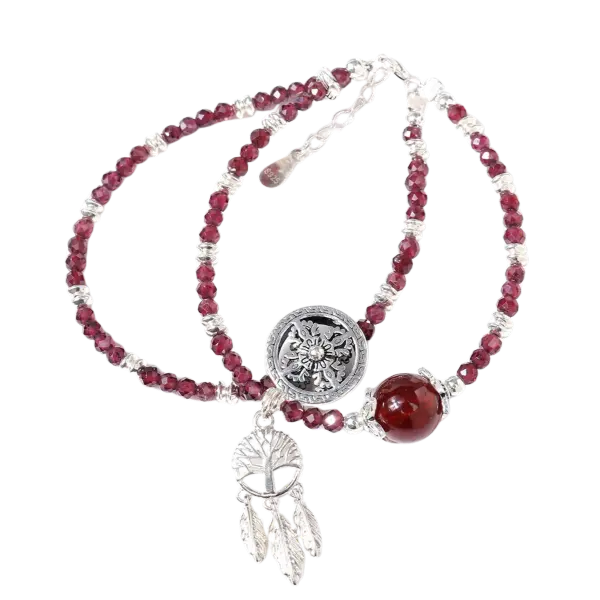 Vòng tay bạc mạn đà la phối đá garnet mix bạc