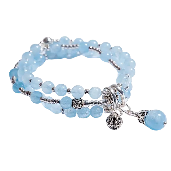 Vòng tay đá Aquamarine phối charm bạc rơi mix bạc