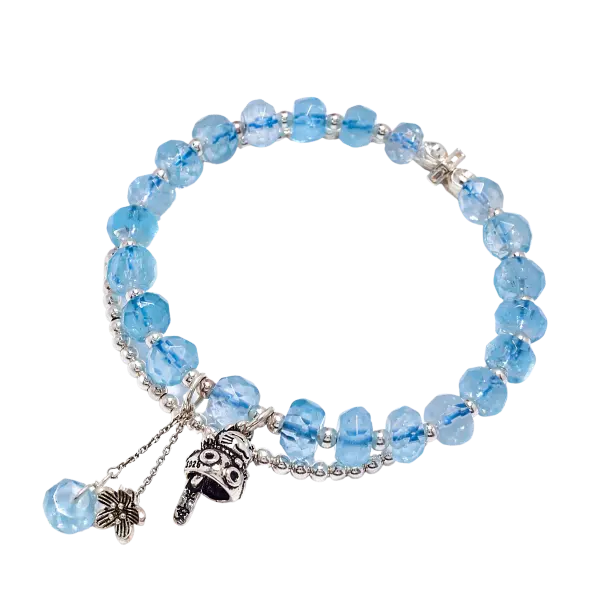 Vòng tay đá Aquamarine phối charm mèo chiêu tài