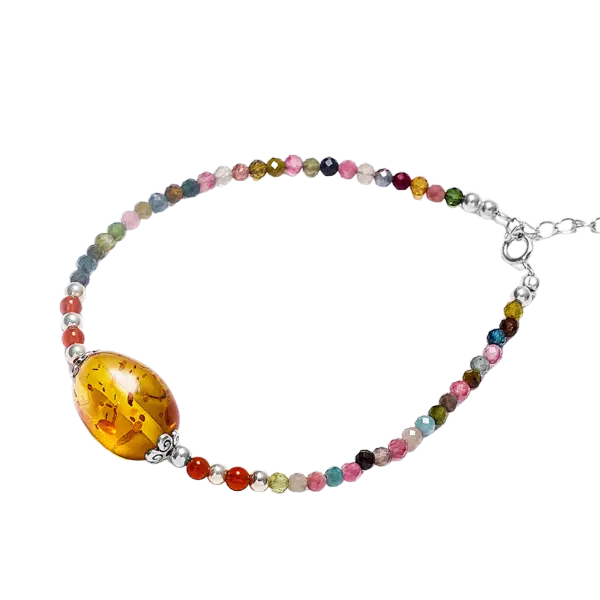 Vòng tay đá Hổ Phách phối đá Tourmarine mix bạc