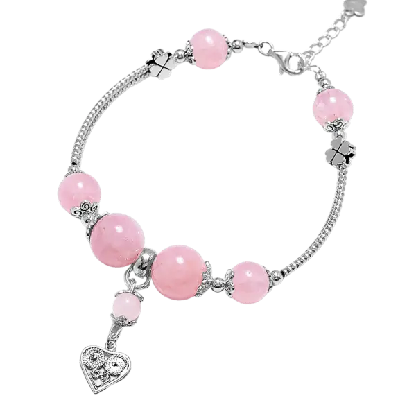 Vòng tay đá Thạch anh hồng phối Trái tim mix bạc