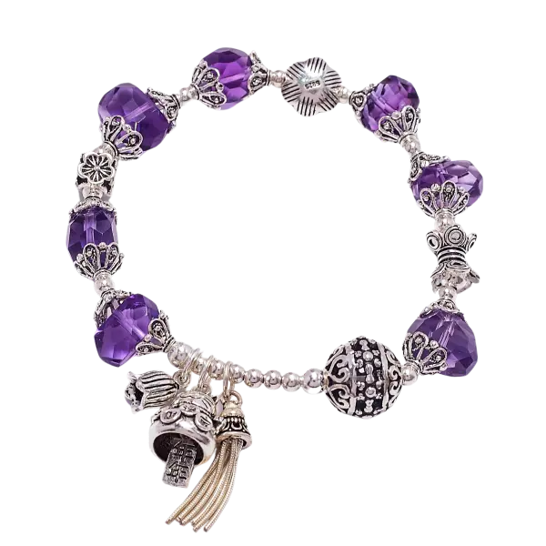 Vòng tay đá thạch anh tím phối charm bạc mèo chiêu tài