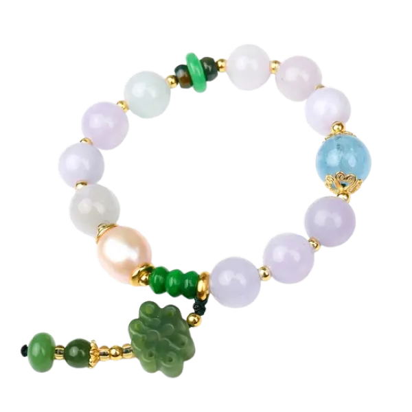 Vòng tay đá thạch anh và aquamarine phối ngọc hòa điền mix bạc