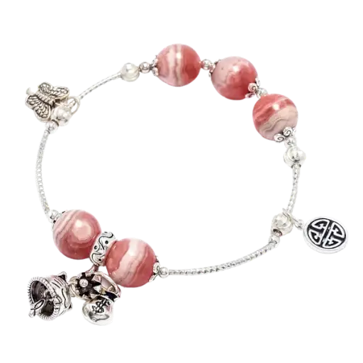 Vòng tay đá Đào hoa phối charm mèo chiêu tài