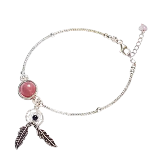 Vòng tay đá Đào Hoa phối chuông gió mix bạc