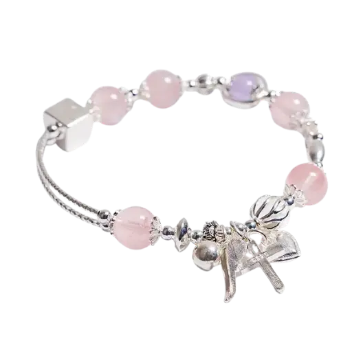 Vòng tay đá thạch anh hồng mix bạc – Tình duyên – May mắn