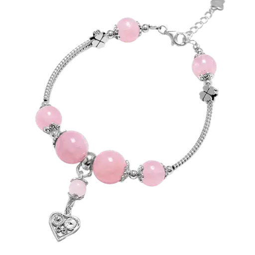 Vòng tay đá Thạch anh hồng phối Trái tim mix bạc