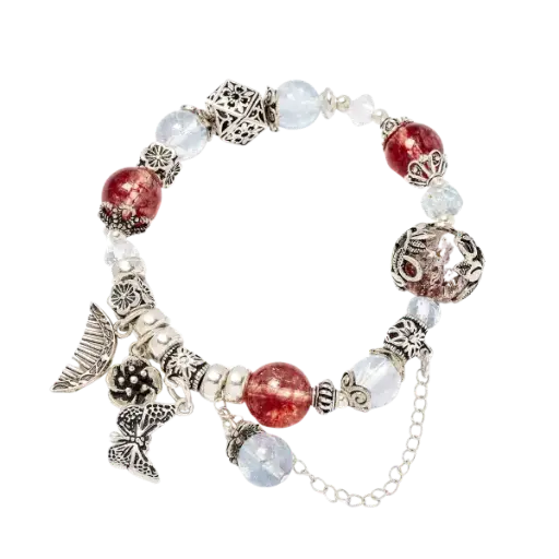 Vòng tay đá Ưu linh đỏ và Aquamarine phối charm hoa bướm