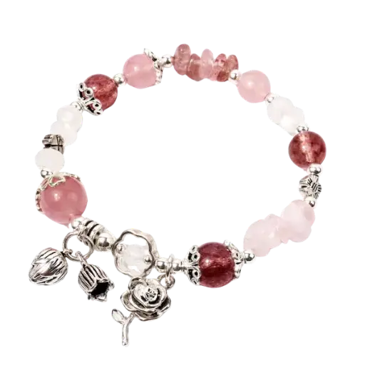 Vòng tay hoa hồng phối đá thạch anh dâu, thạch anh hồng, moonstone mix bạc