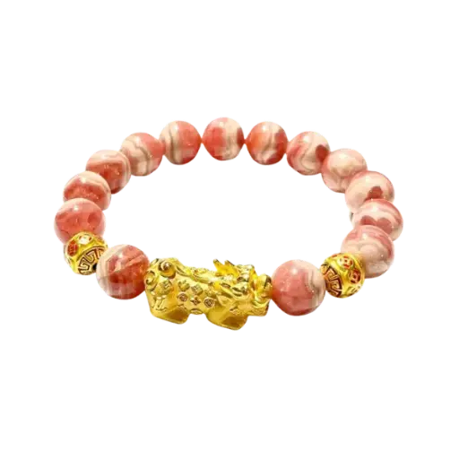 Vòng tay đá đào hoa phối hột tròn kim tiền mix tỳ hưu LV