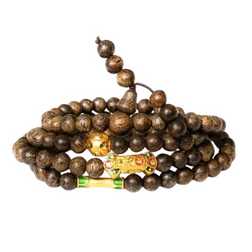 Vòng Trầm 108 Hạt Mix Vàng 24k Tỳ Hưu Kim Tiền Như Ý