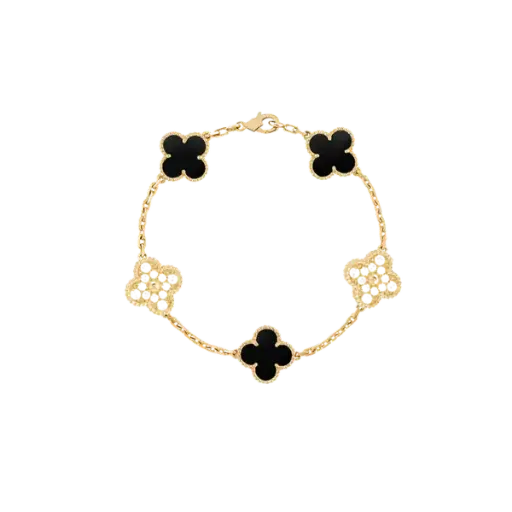 [AG7502.L168.5201] Lắc tay Vàng 18K Golden Leaf 5 hoa 15mm đính đá – Đen