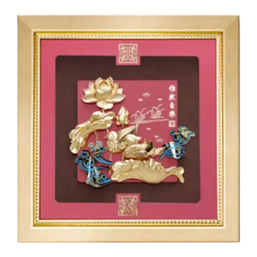 [AO9992.Q082.T003] Tranh Mạ Vàng 24K Liên Hoa Uyên Ương