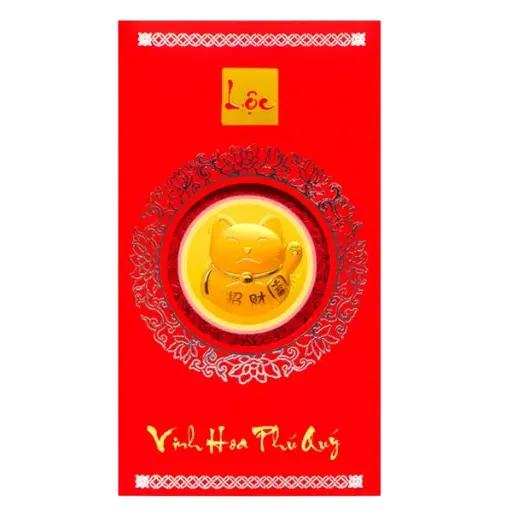 [AG9992.Q013.01A] Bao Lì Xì Vàng 24K Mèo Chiêu Tài .9999